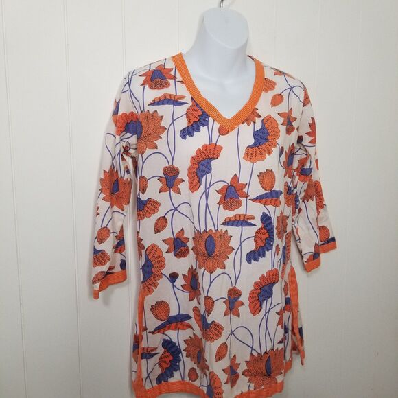 Gretchen Scott Floral Print Tunic Top Cotton White Blue Orange Size Small - Picture 2 of 8